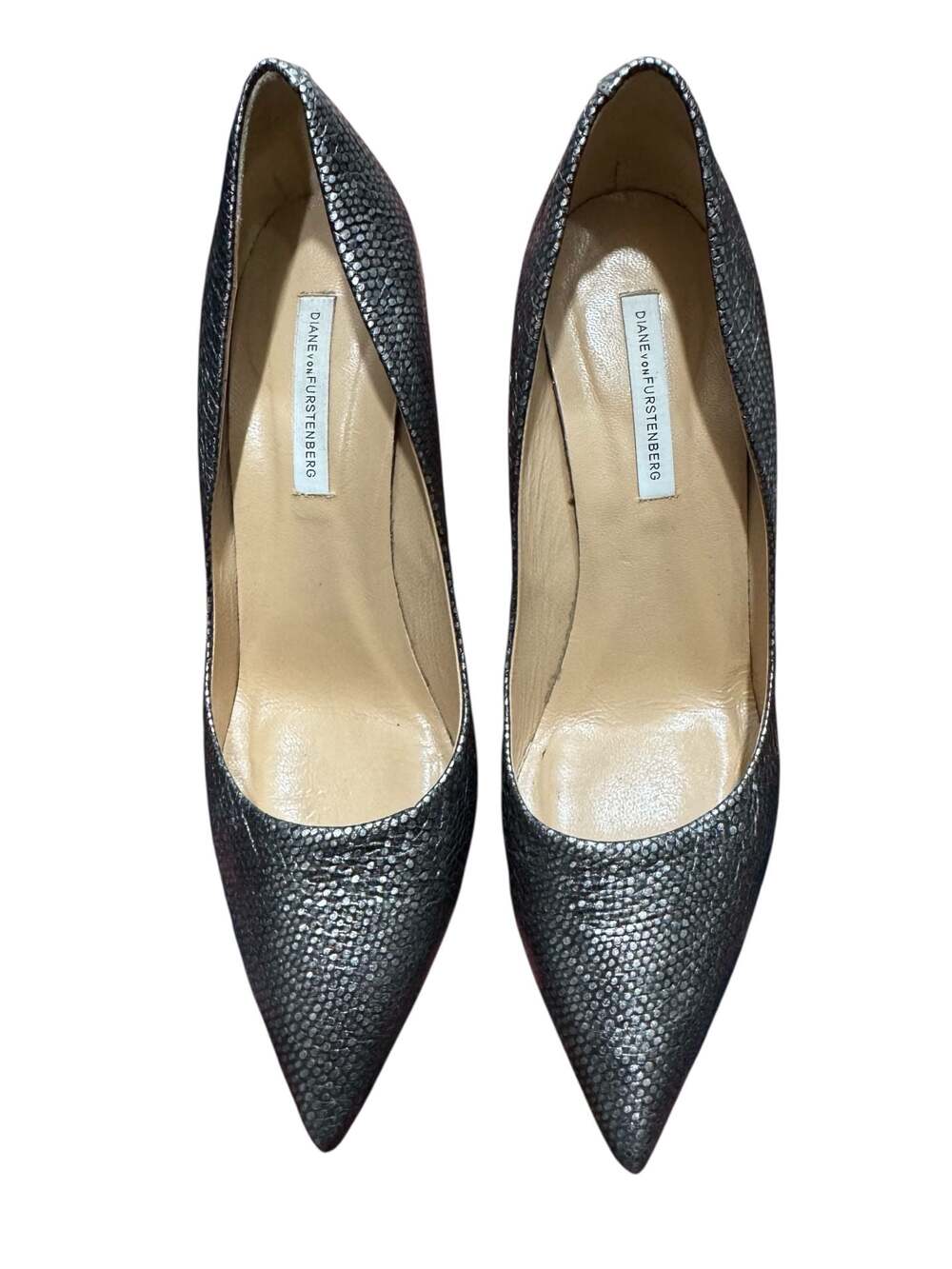 Diane von Furstenberg Metallic Grey Textured Pointed Toe Stiletto Pumps Size 10